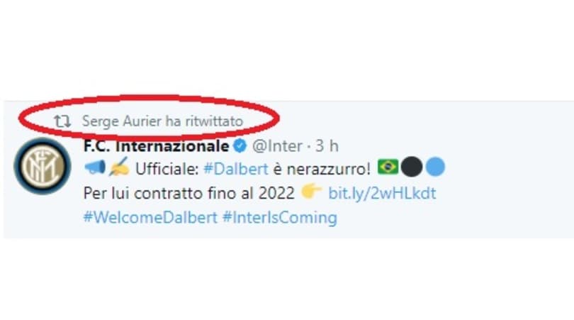 Inter, ufficiale l'acquisto di Dalbert. E Aurier lo retwitta...