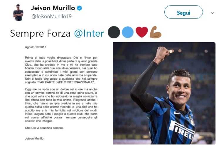 Murillo, lettera d'addio all'Inter: «Ho difeso la maglia con tutta la mia anima»