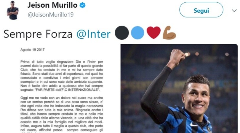 Murillo, lettera d'addio all'Inter: «Ho difeso la maglia con tutta la mia anima»