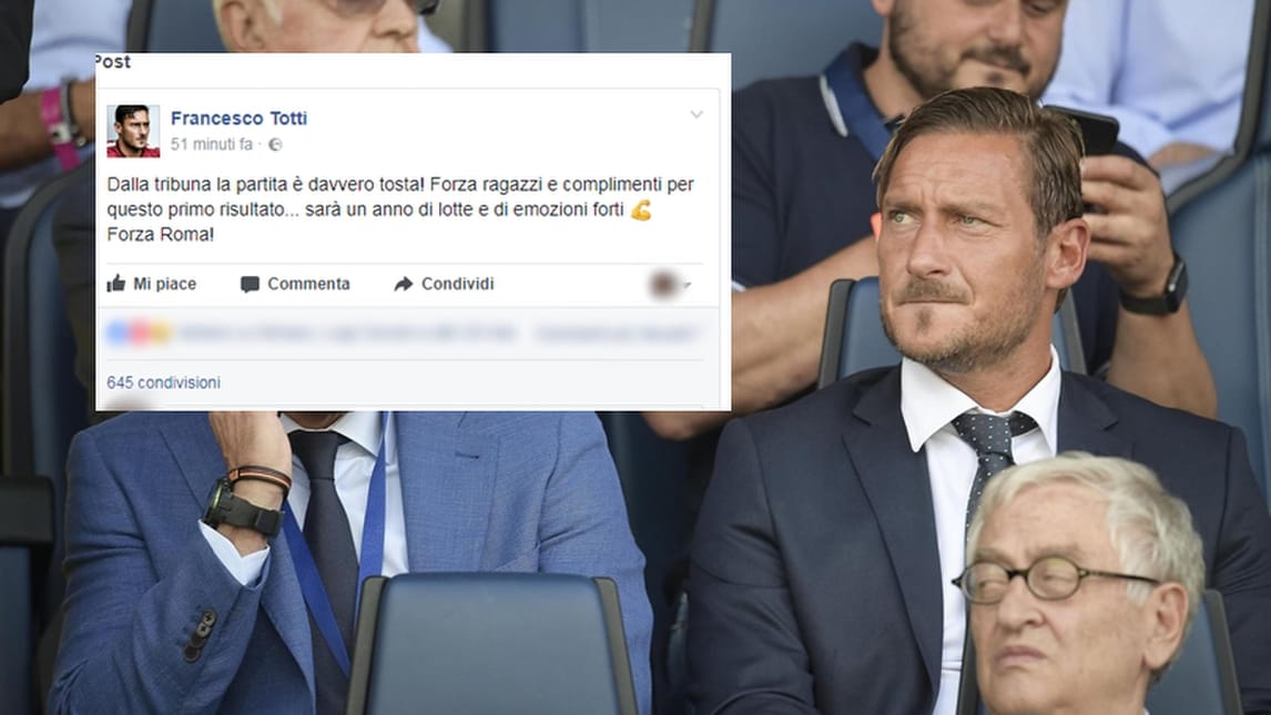 Totti: «Dalla tribuna la partita è davvero tosta! Forza Roma!»