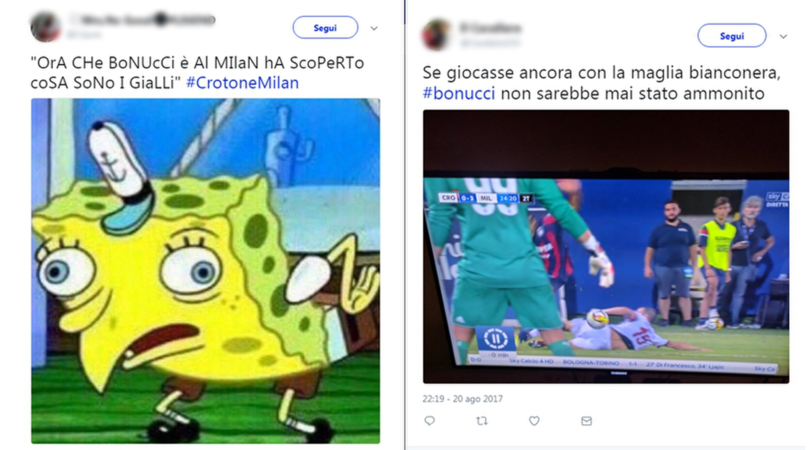 Bonucci, prima partita con il Milan e prima ammonizione: i social si scatenano