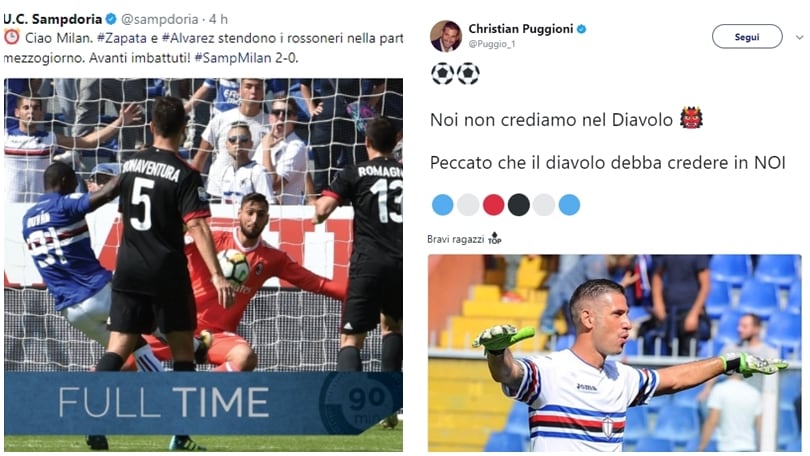 Euforia Sampdoria. E Puggioni "sbeffeggia" il Milan sui social