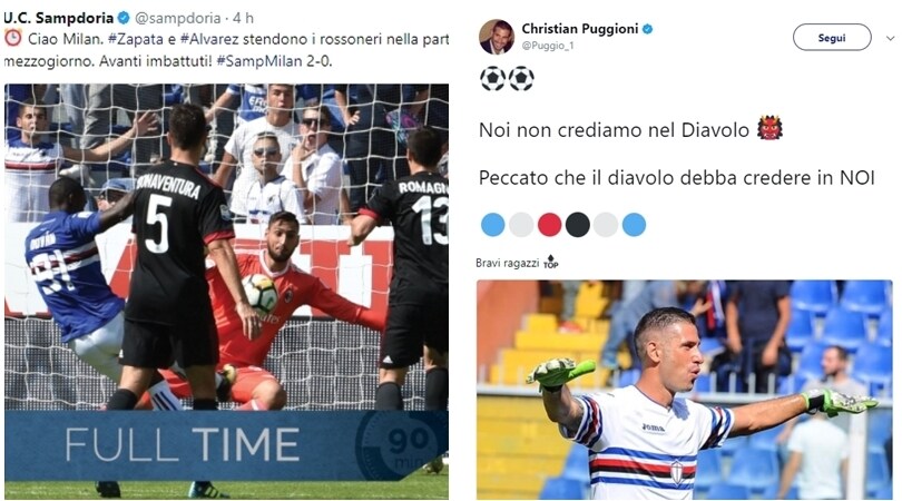 Euforia Sampdoria. E Puggioni "sbeffeggia" il Milan sui social