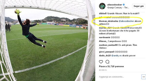 Lazio: Strakosha, complimenti social ad Alisson