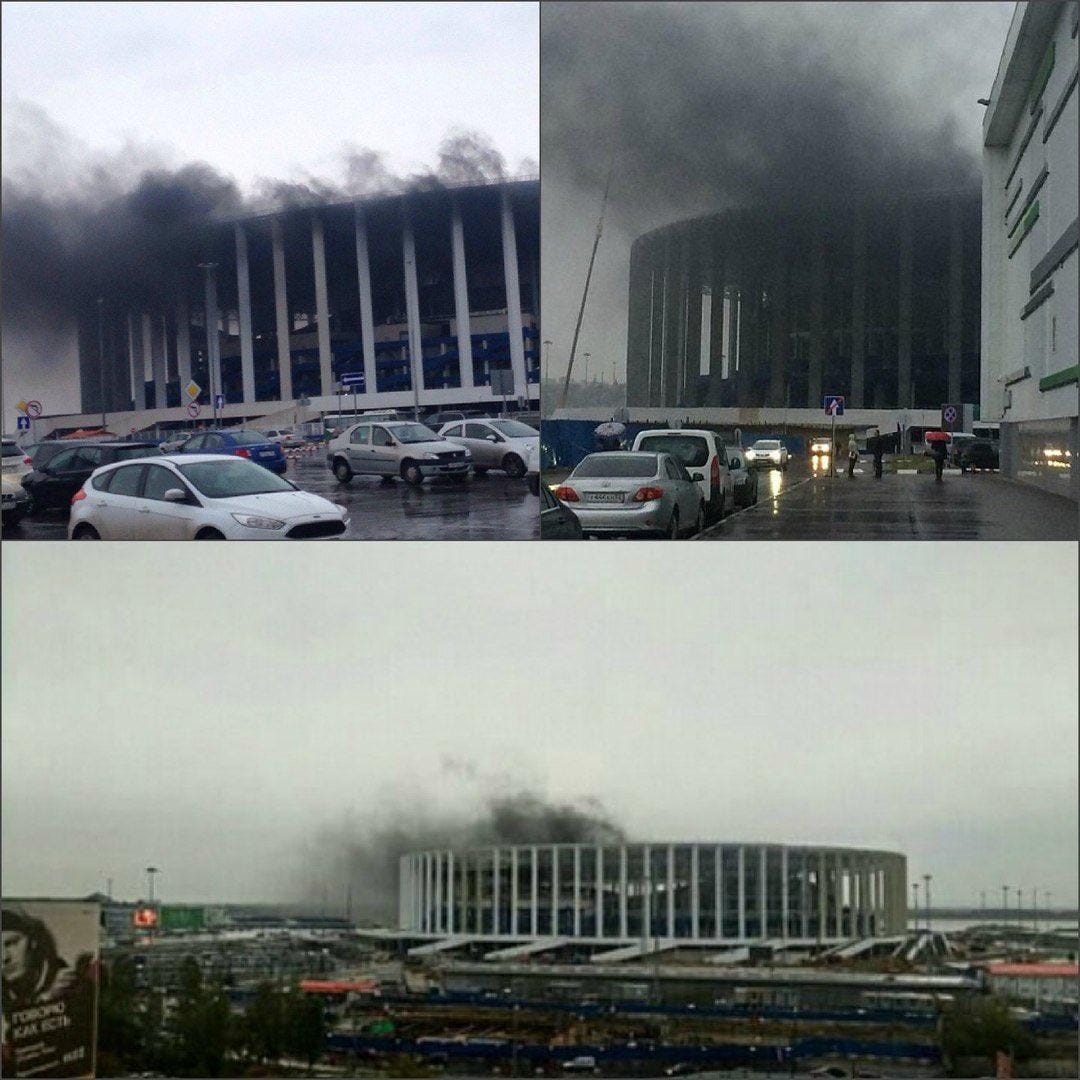 Che paura in Russia: in fiamme lo stadio di Nizhny Novgorod