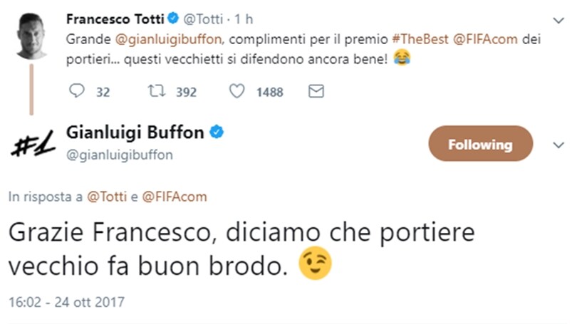 Buffon, dai complimenti di Totti all'addio: «Il prossimo anno lascio»