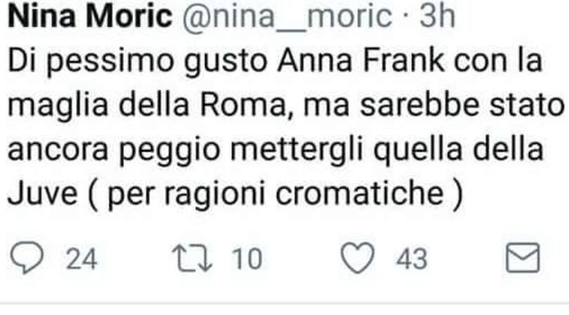 Nina Moric: «Anna Frank? Peggio con la maglia della Juventus»
