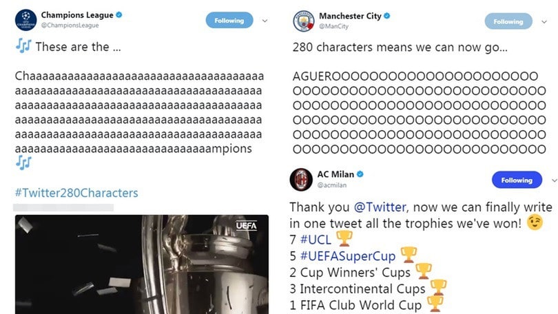 Twitter, anche il calcio si adegua alla svolta dei 280 caratteri