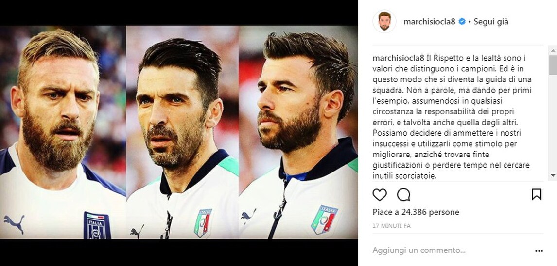 Omaggio di Marchisio a De Rossi, Buffon e Barzagli: «Rispetto e lealtà distinguono i campioni»