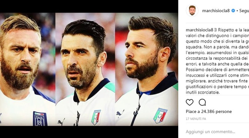 Omaggio di Marchisio a De Rossi, Buffon e Barzagli: «Rispetto e lealtà distinguono i campioni»