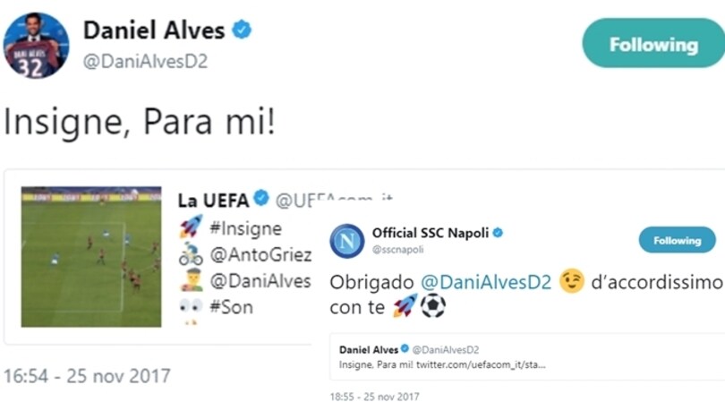 Champions, Dani Alves vota il gol di Insigne: il Napoli ringrazia