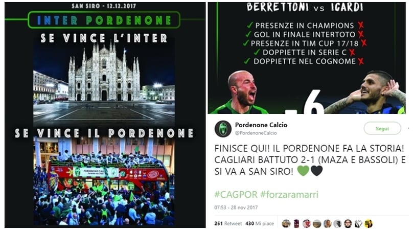 Inter-Pordenone, lo show sui social dei "ramarri" che fanno rotta su San Siro
