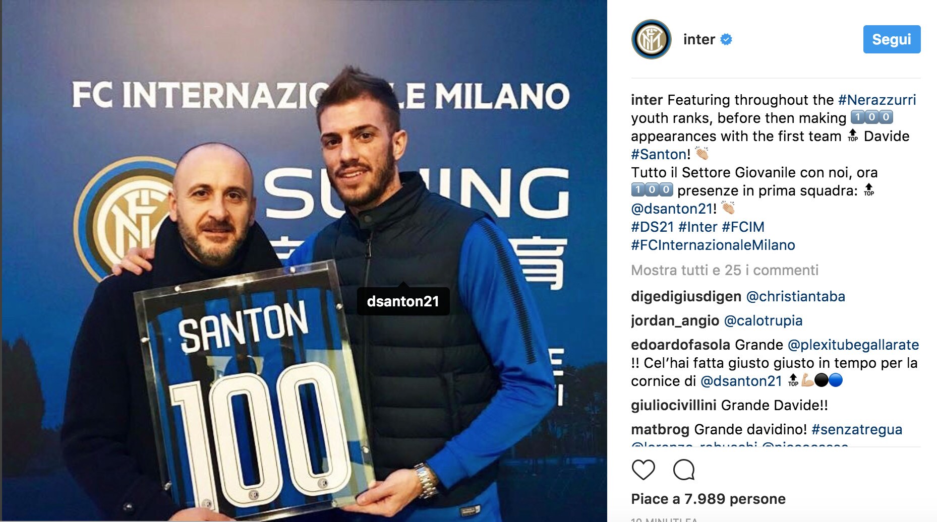 L'Inter premia Santon per le 100 presenze