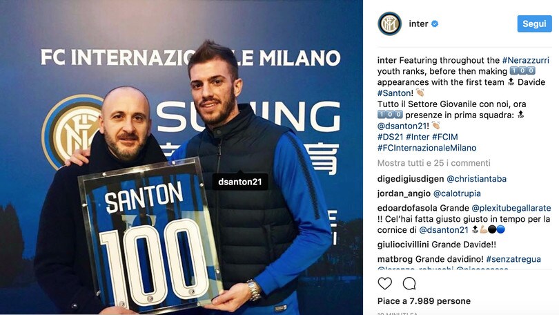 L'Inter premia Santon per le 100 presenze