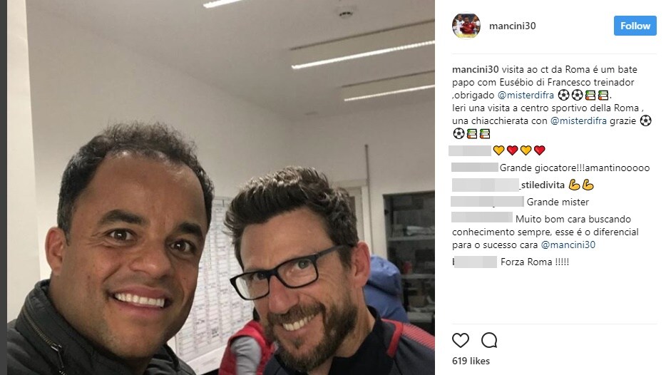 Roma, Amantino Mancini in visita a Trigoria: «Grazie DiFra per la chiacchierata»