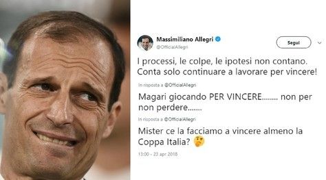Juventus, Allegri twitta dopo 14 ore e i tifosi insorgono: «Non si gioca per il pari»