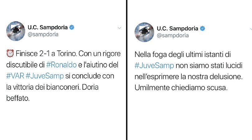 Samp, tweet polemico: «Rigore discutibile e aiutino». Poi arrivano le scuse