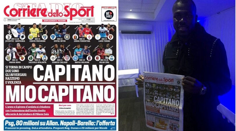 Koulibaly con la prima pagina del Corriere dello Sport-Stadio
