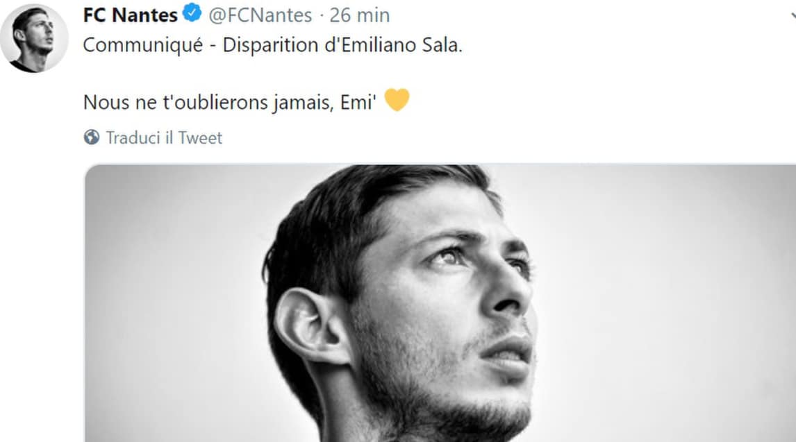 Emiliano Sala, sui social il cordoglio del mondo dello sport