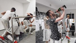 La festa continua: Pjanic si attacca alla bottiglia, Allegri si fa il bagno