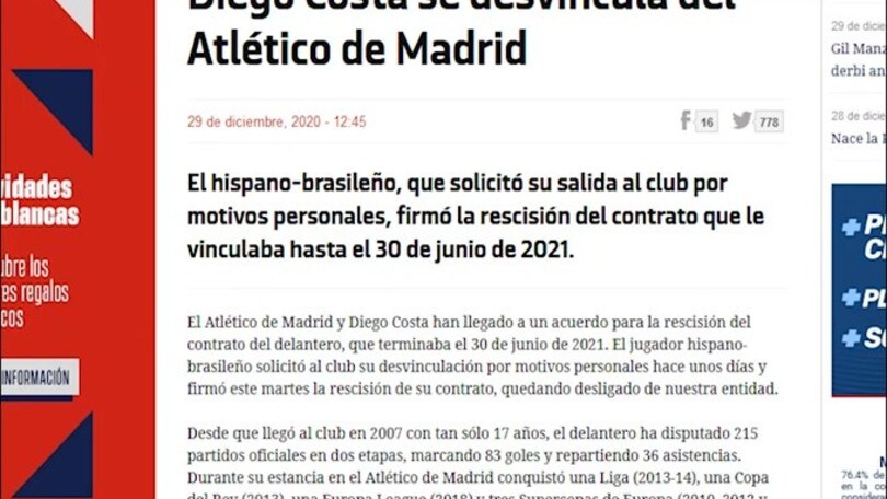 Mercato, Diego Costa saluta l'Atletico Madrid