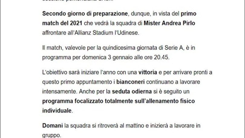 Verso Juve-Udinese, Pirlo e la squadra proseguono i preparativi