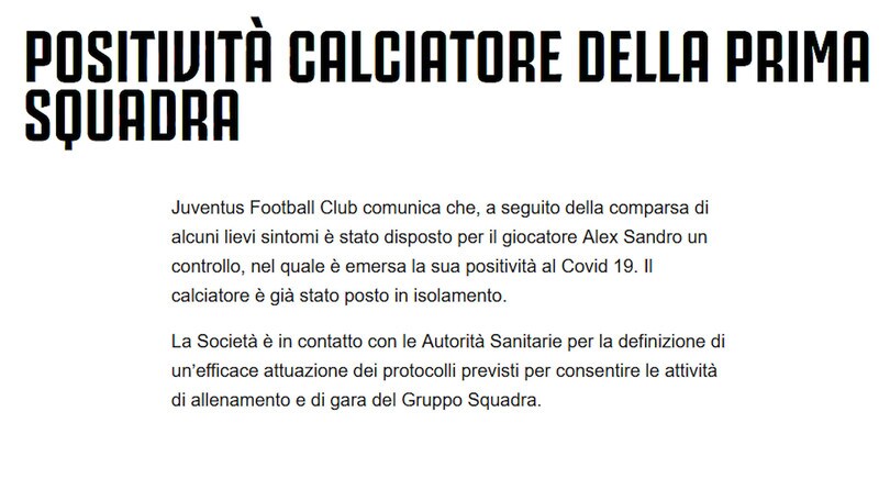 Juve, Alex Sandro positivo al Covid-19