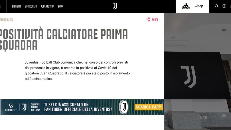 Juve, Cuadrado positivo al coronavirus