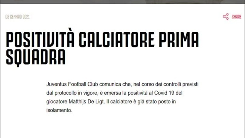 Tegola Juve, De Ligt positivo al Coronavirus