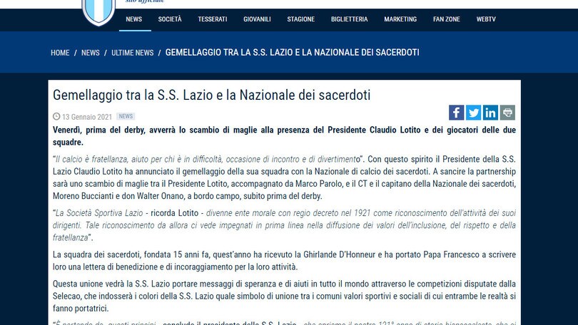 Lazio, stretto patto di gemellaggio con la Nazionale dei sacerdoti