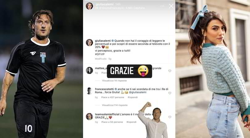 Giulia Salemi ringrazia Totti. Cosa ha scritto l'ex giallorosso?