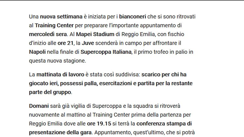 La Juve riprende il lavoro in vista del Napoli
