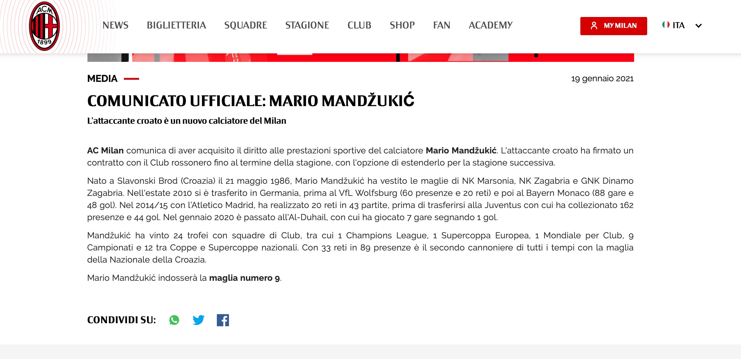 Milan, Mandzukic è ufficialmente un giocatore rossonero
