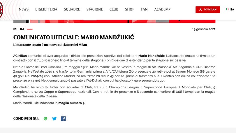 Milan, Mandzukic è ufficialmente un giocatore rossonero