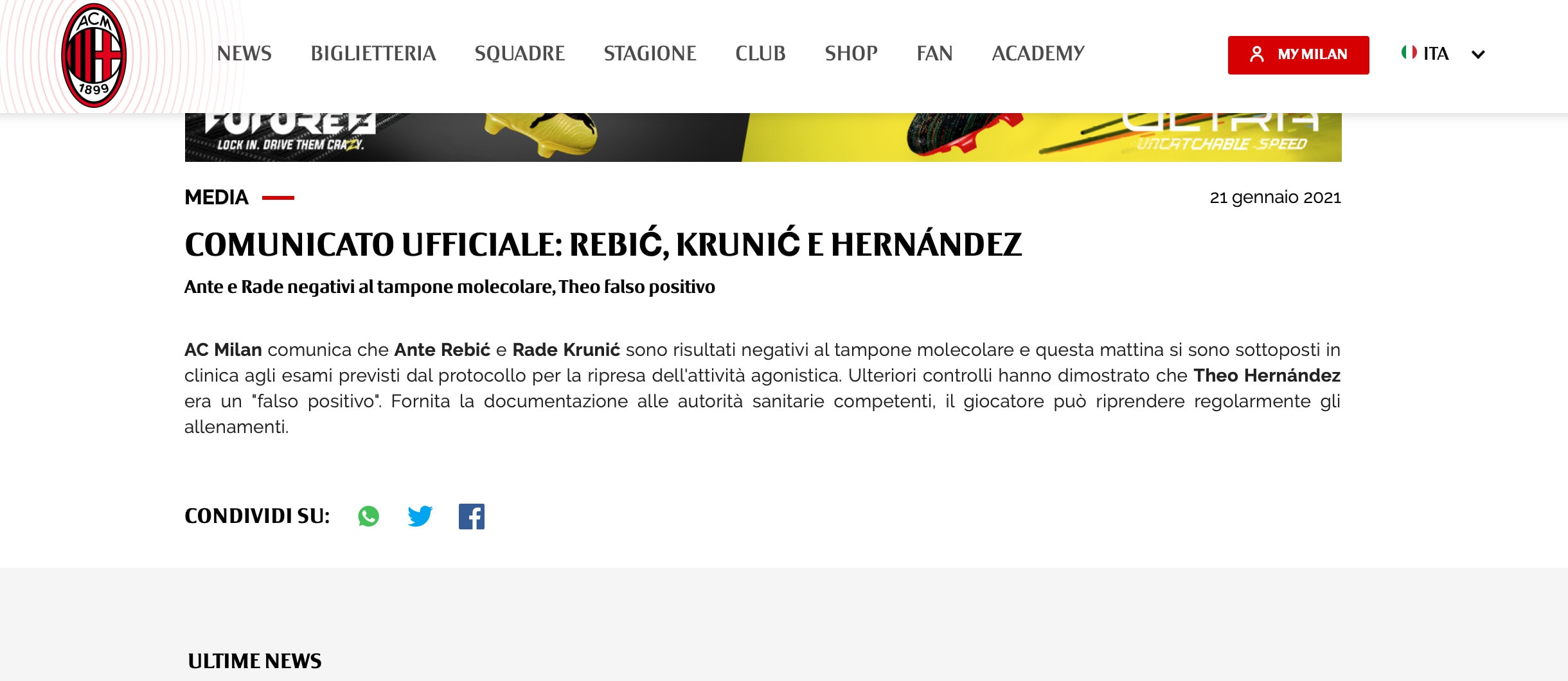 Milan: Krunic, Rebic ed Hernandez negativi al Covid