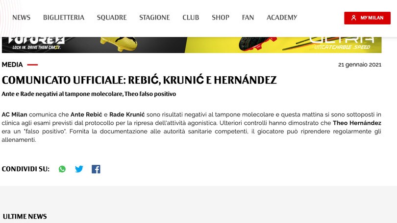 Milan: Krunic, Rebic ed Hernandez negativi al Covid