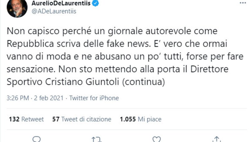 Napoli, De Laurentiis smentisce l'addio di Giuntoli
