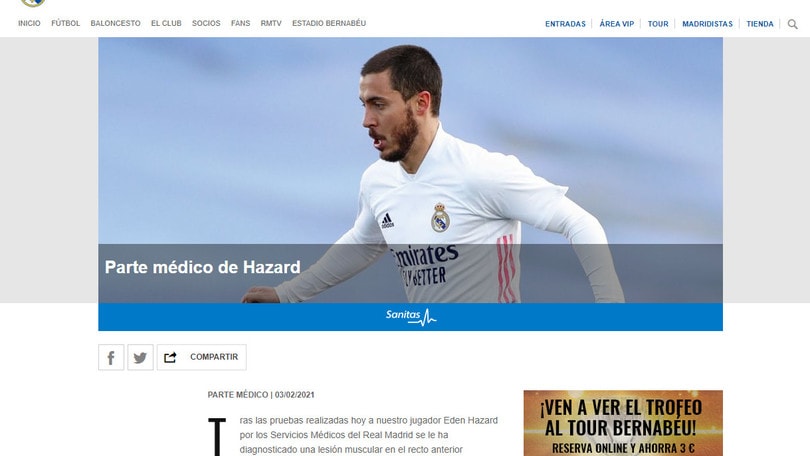 Real Madrid, stop di almeno 1 mese per Hazard