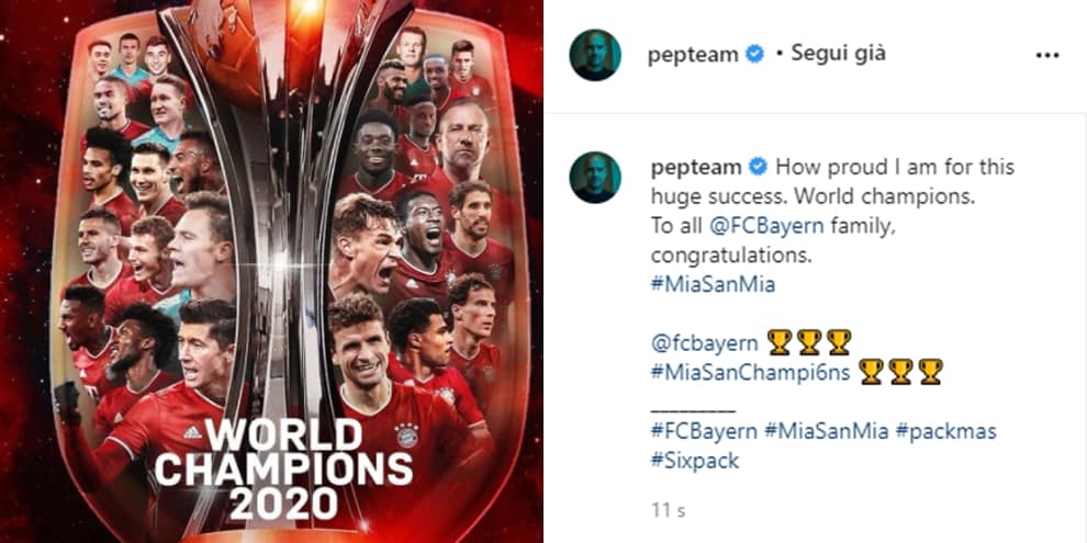 Pep Guardiola, complimenti al Bayern campione del mondo
