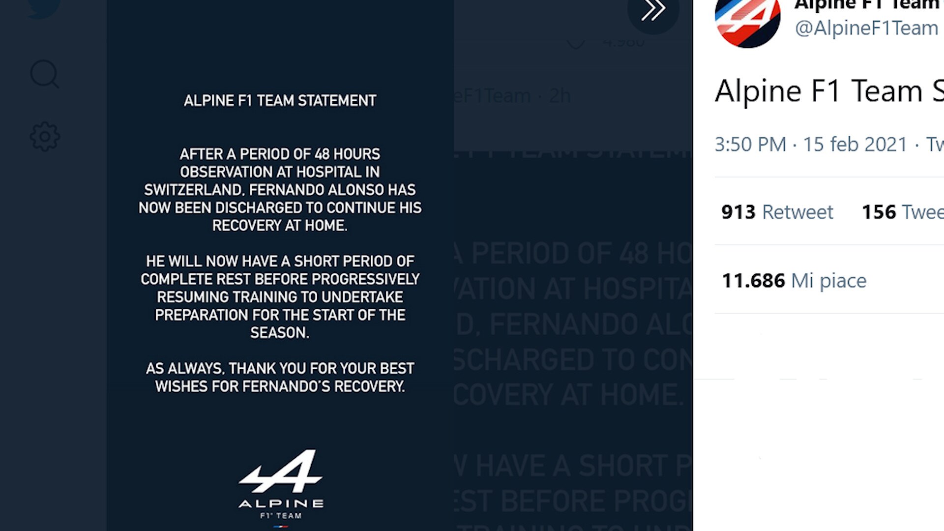 F1, Alpine: Fernando Alonso dimesso dall'ospedale di Berna