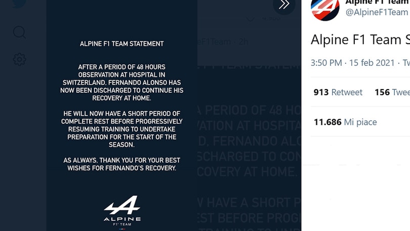 F1, Alpine: Fernando Alonso dimesso dall'ospedale di Berna