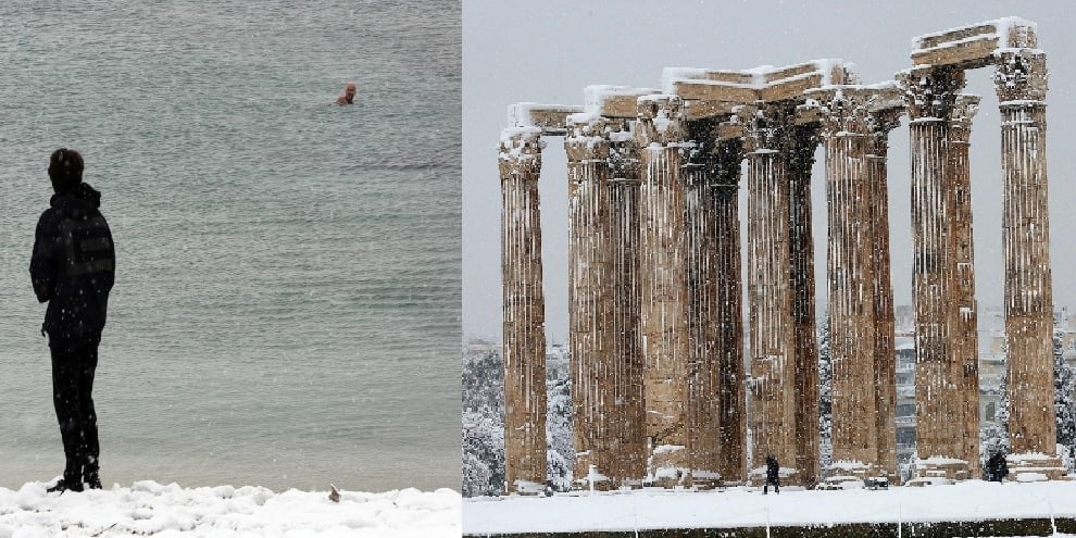 Neve ad Atene, il Partenone è imbiancato