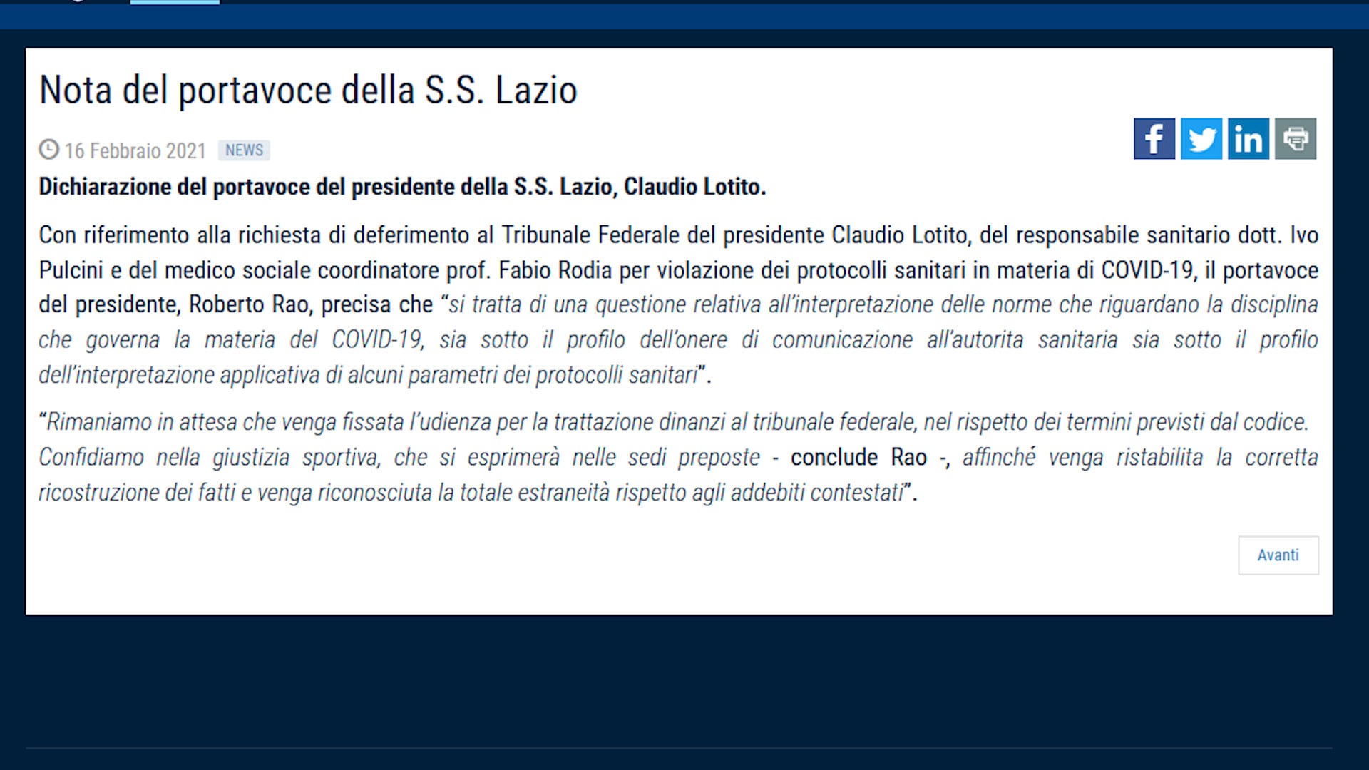 Caso tamponi, la Lazio risponde: "Noi estranei"