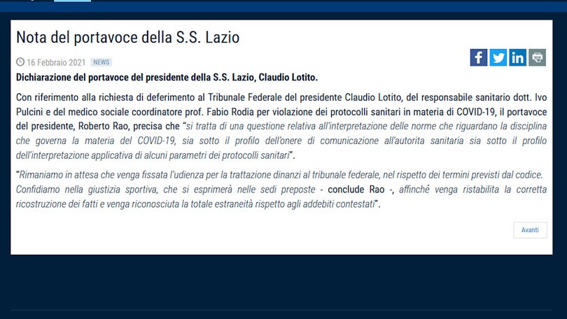 Caso tamponi, la Lazio risponde: "Noi estranei"