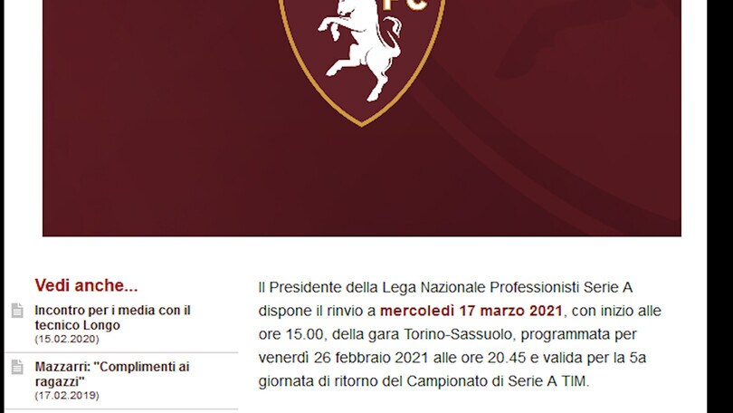 Ufficiale, Torino-Sassuolo rinviata per Covid