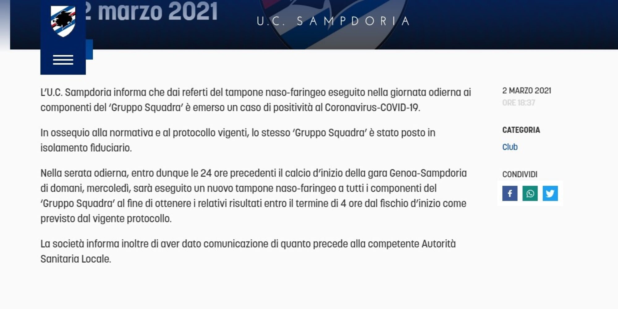 Sampdoria, verso il derby: un positivo al Covid nel gruppo squadra