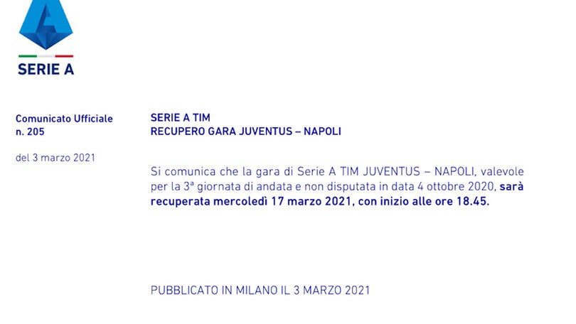 Ufficiale, Juve-Napoli il 17 marzo alle 18.45