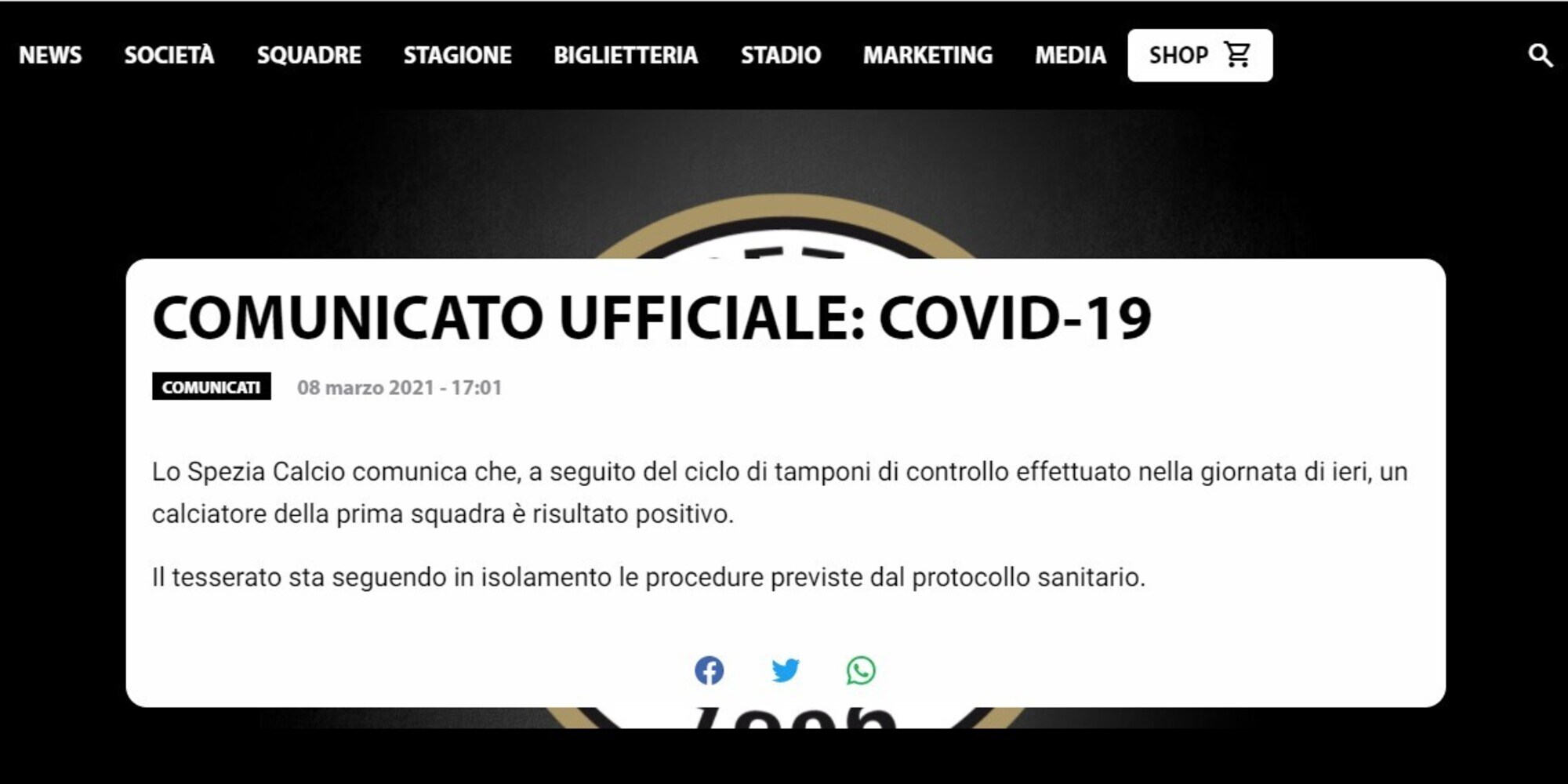 Spezia, un nuovo positivo al Covid nel gruppo squadra