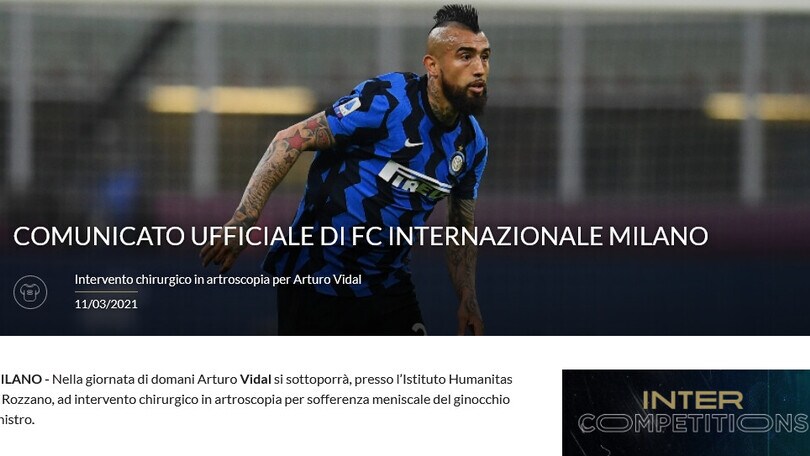 Tegola Inter, Vidal si opera al menisco