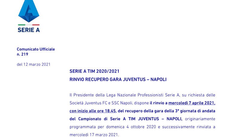 Juve-Napoli, nuovo rinvio: si giocherà il 7 aprile